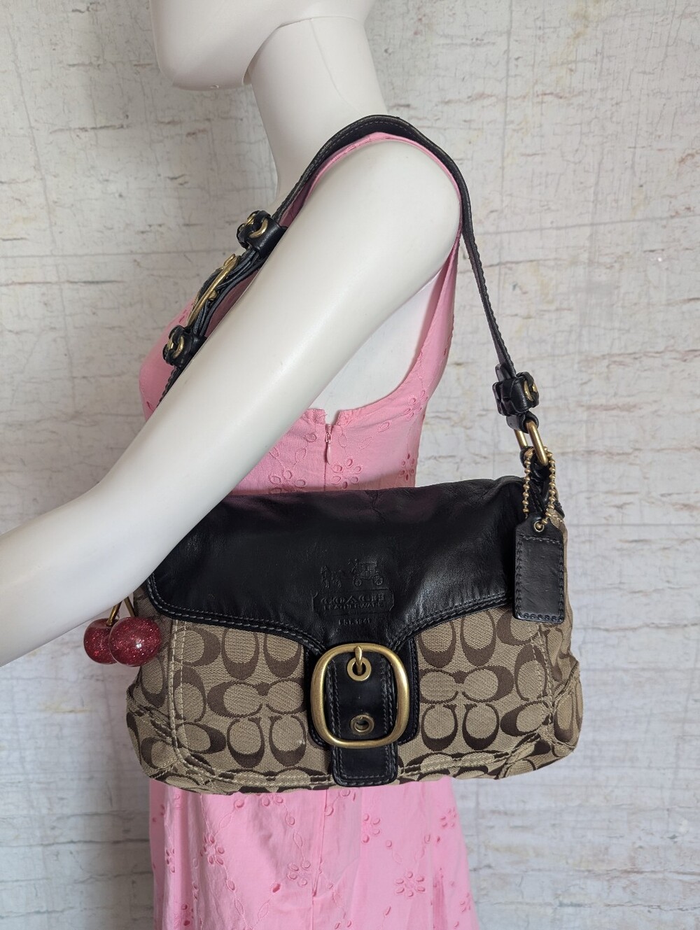Coach Brown Signature Canvas and Black Leather Shoulder Bag - Picture 14 of 14